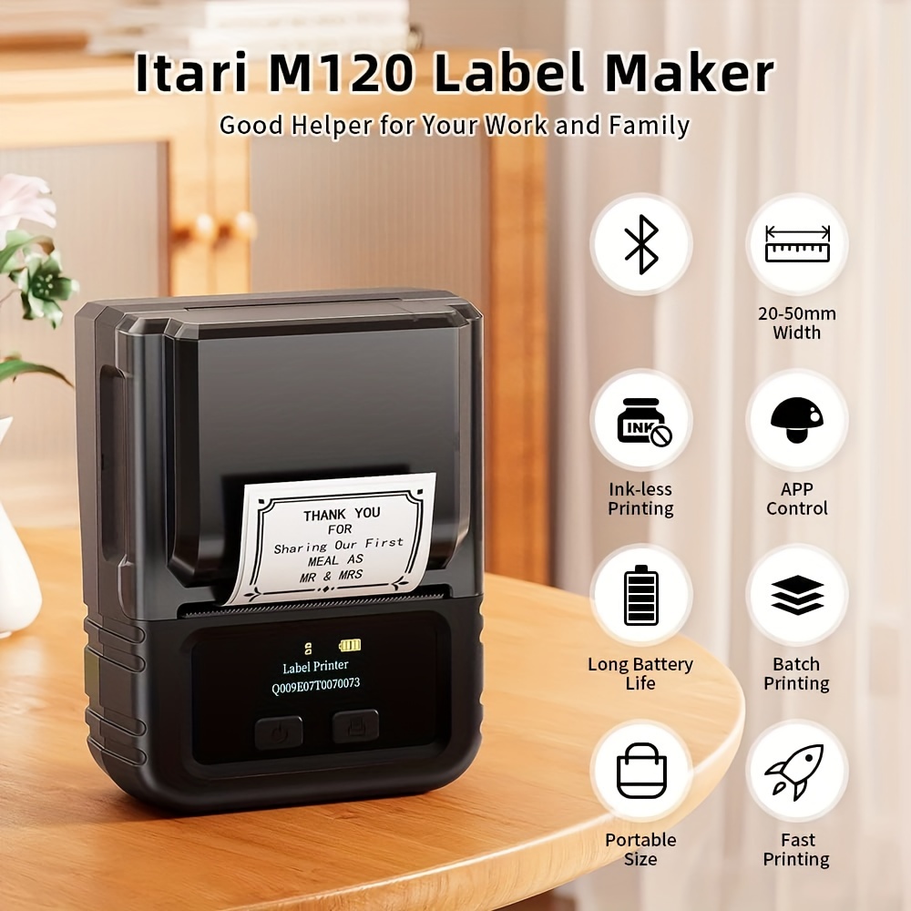 Itari Imprimante d'étiquettes M120 - imprimante d'étiquettes de Code Barres  Bluetooth Taille 20-50mm, Étiqueteuse Thermique Portable sans Encre pour