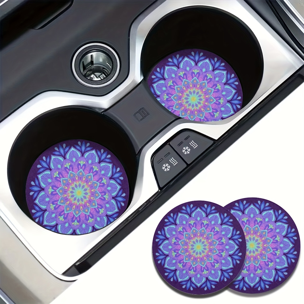 

2pcs Mandala Flower Absorbent Car Cup Holder Coaster Mats - Car Interior Accessories For Women, Water Cup Coasters For Car Vehicles & Home Desk