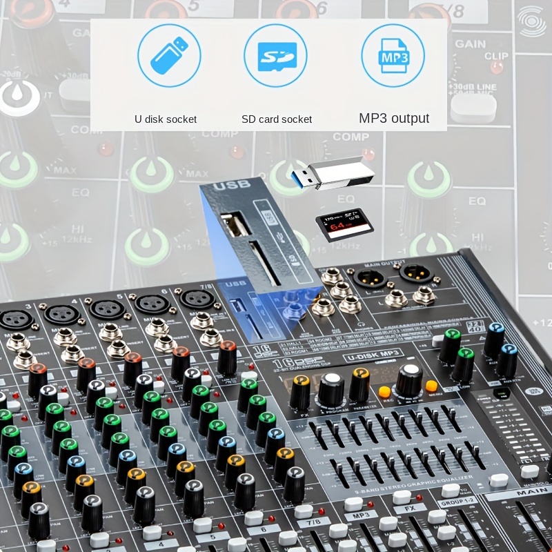  Consola de mezcla, 8 canales de estudio en vivo equipo de audio  mezclador consola de mezcla Pro USB Bluetooth DJ Live Studio Audio Sound  Mixer para el hogar KTV, discurso de