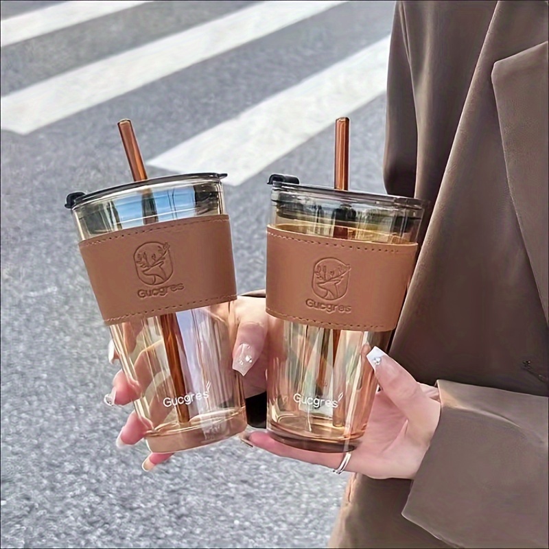 Thickened Clear Glass Cup With Wooden Lid And Stainless Steel Straw, Coffee  Cup For Outdoor Sports, Picnic, Camping - Temu