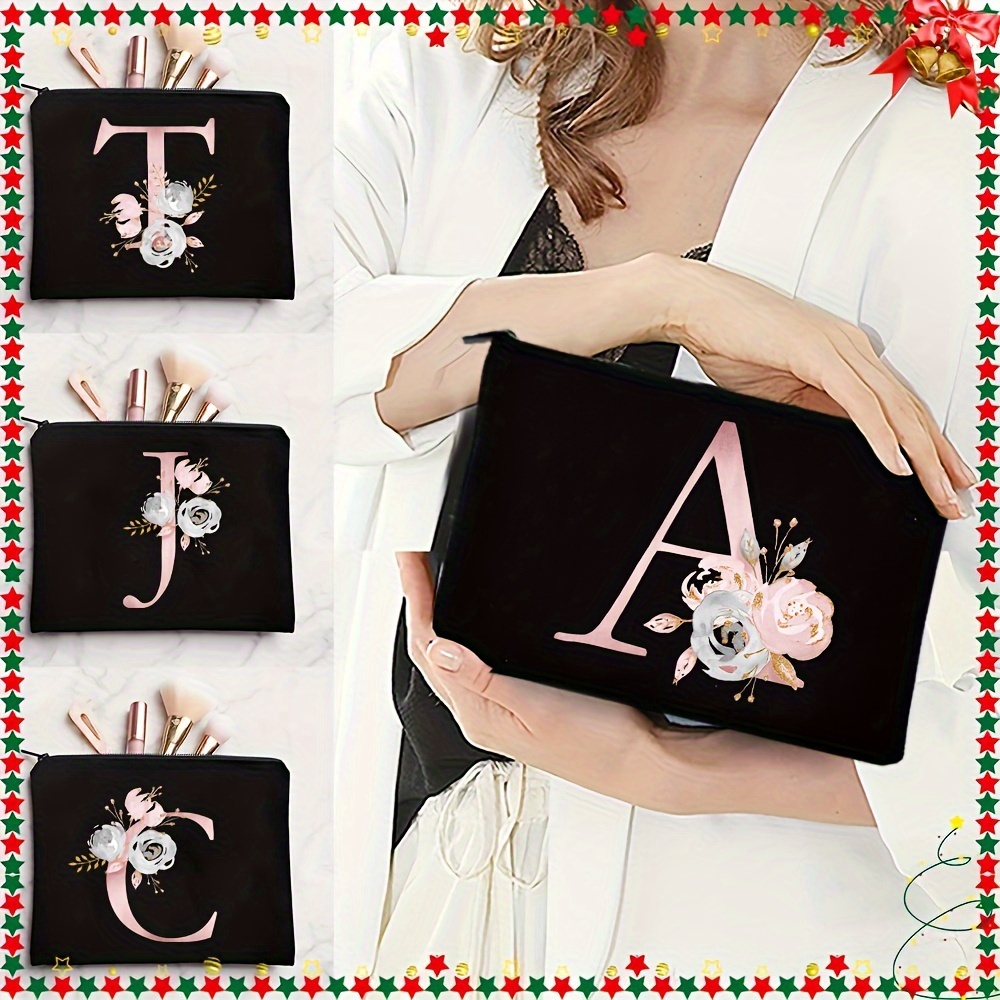 Initial Letter Print Makeup Bag, Portable Canvas Comestic Bag, Toiletry Wash Organizer & Purse For Travel