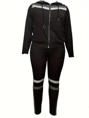 plus size sporty outfits set womens plus stripe print long sleeve hooded drawstring zipper coat leggings outfits two piece set details 0