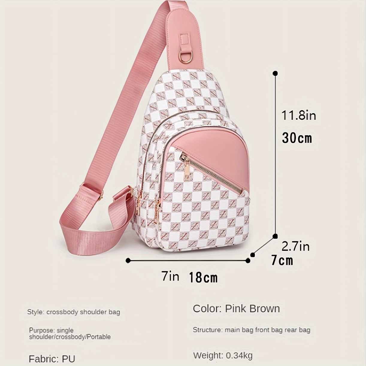 Plaid Pattern Sling Bag, Zipper Front Chest Purse, PU Leather Crossbody Bag  For Women