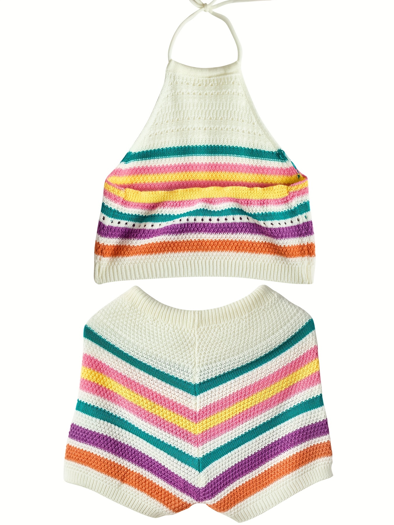 Striped Knitted Two Piece Set Halter Top & Shorts Outfit