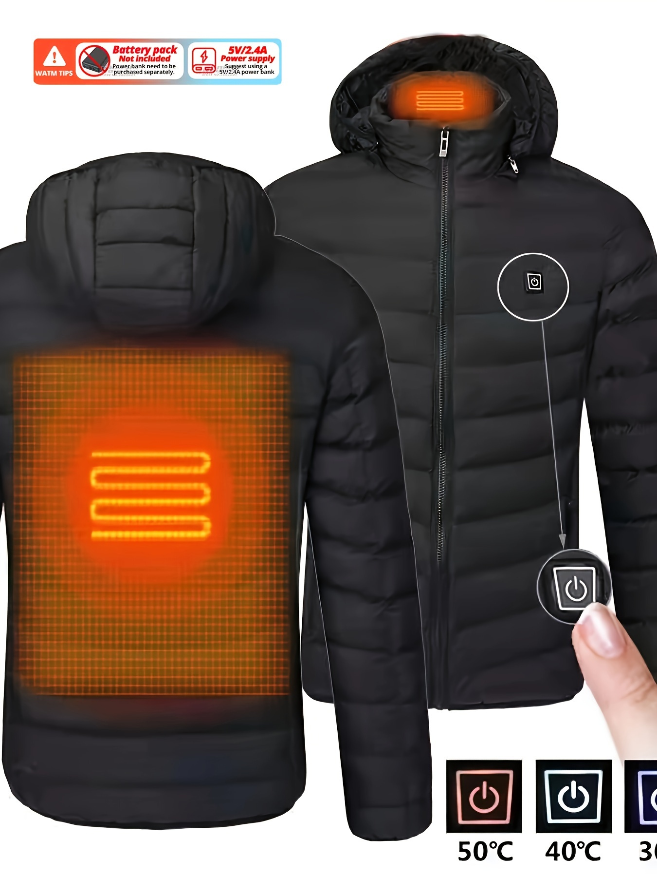 Abrigo cálido de invierno para hombre, chaqueta de calefacción eléctrica  USB con capucha, chaquetas de senderismo resistentes al viento, banco de