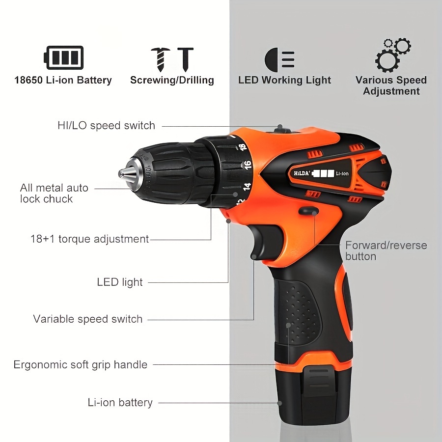 1 Set Cordless Electrical Drill, Lithium Battery Drill, Various Speed, 18+1  Torque Adjustment, 12V Electrical Drill Kit, Power Tools