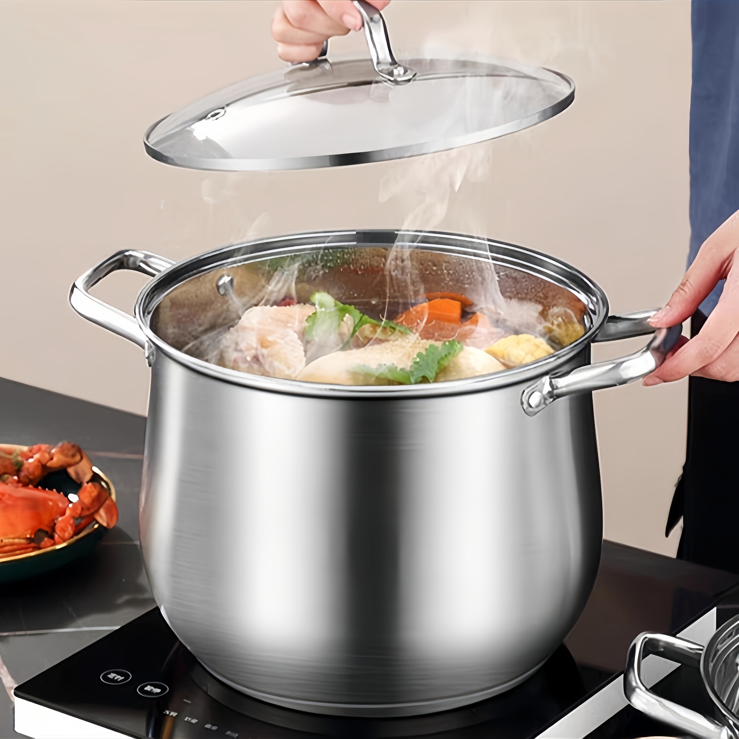 Large Capacity Thickened Stainless Steel Pot,, Dishwasher Safe, Gas Stove  Induction Cooker Can Be Used, Food Can Be Observed Through Glass Cover, Pot  Body With Transparent Glass Cover, With 3 Layers Of