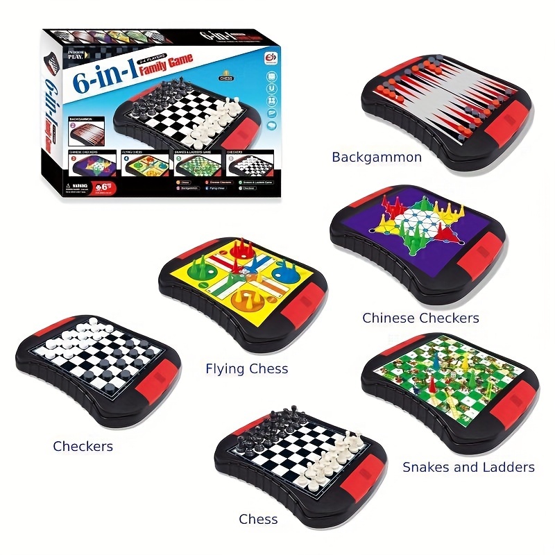 

6-in-1 Family Game, Chessboard Toy Gift, Classic Chess, Ludo, Backgammon, Checkers, Chess, Snake Ladder, Gaming Gift