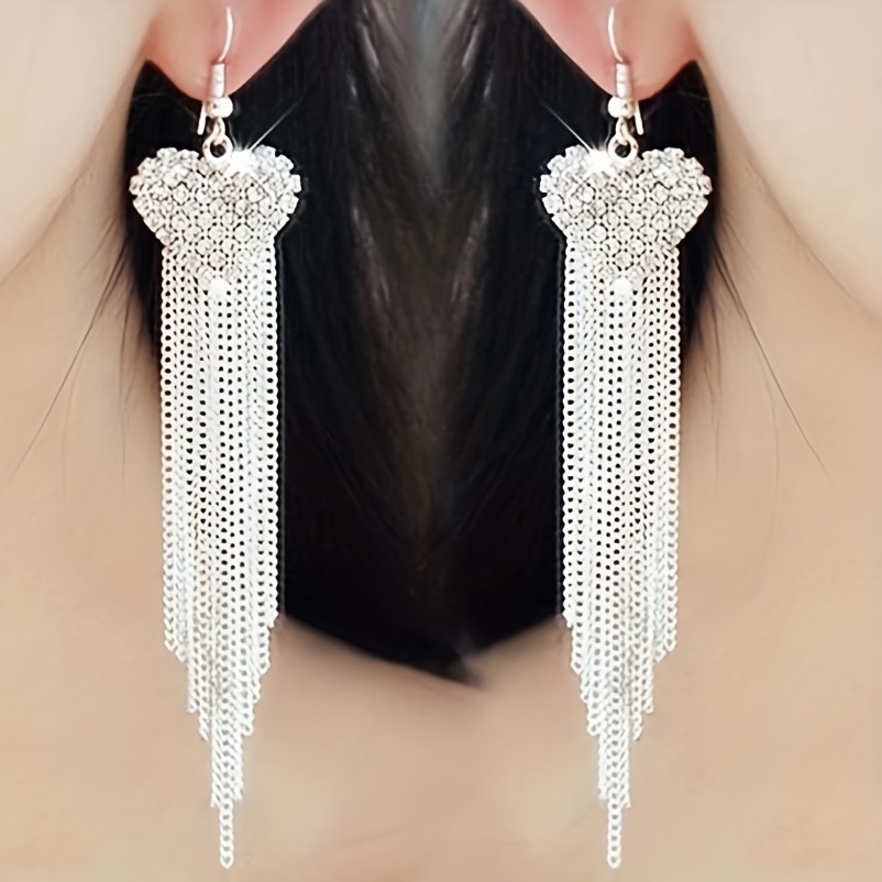 

Chain Tassel Heart Shape Shiny Rhinestone Inlaid Dangle Earrings Elegant Luxury Style Wedding Ear Ornaments