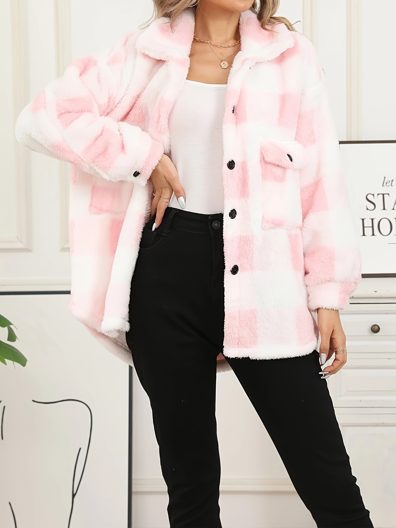 Chamarra de peluche clásica a cuadros, abrigo casual de larga con  botones, ropa de mujer