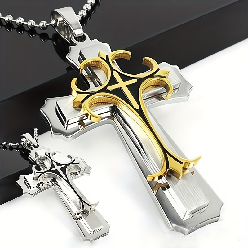 Men's Punk Double Layer Stainless Steel Cross Pendant Necklace