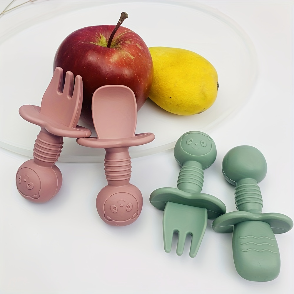 2Pcs/Set Infant Baby Cartoon Silicone Spork Learning Food Eating