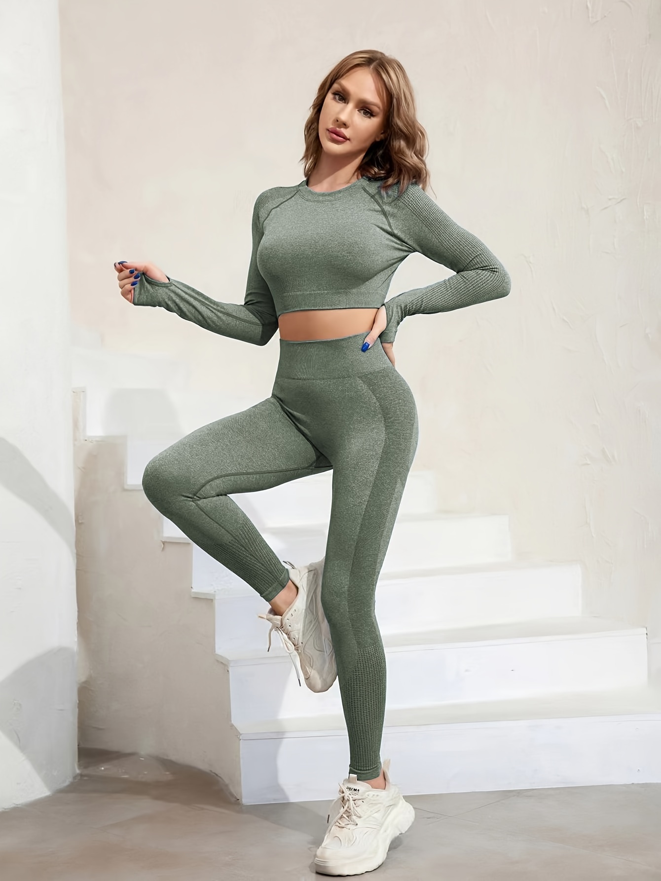 Yoga Basic Thumb Hole Crop Sports Top & Contrast Stitch Leggings Set