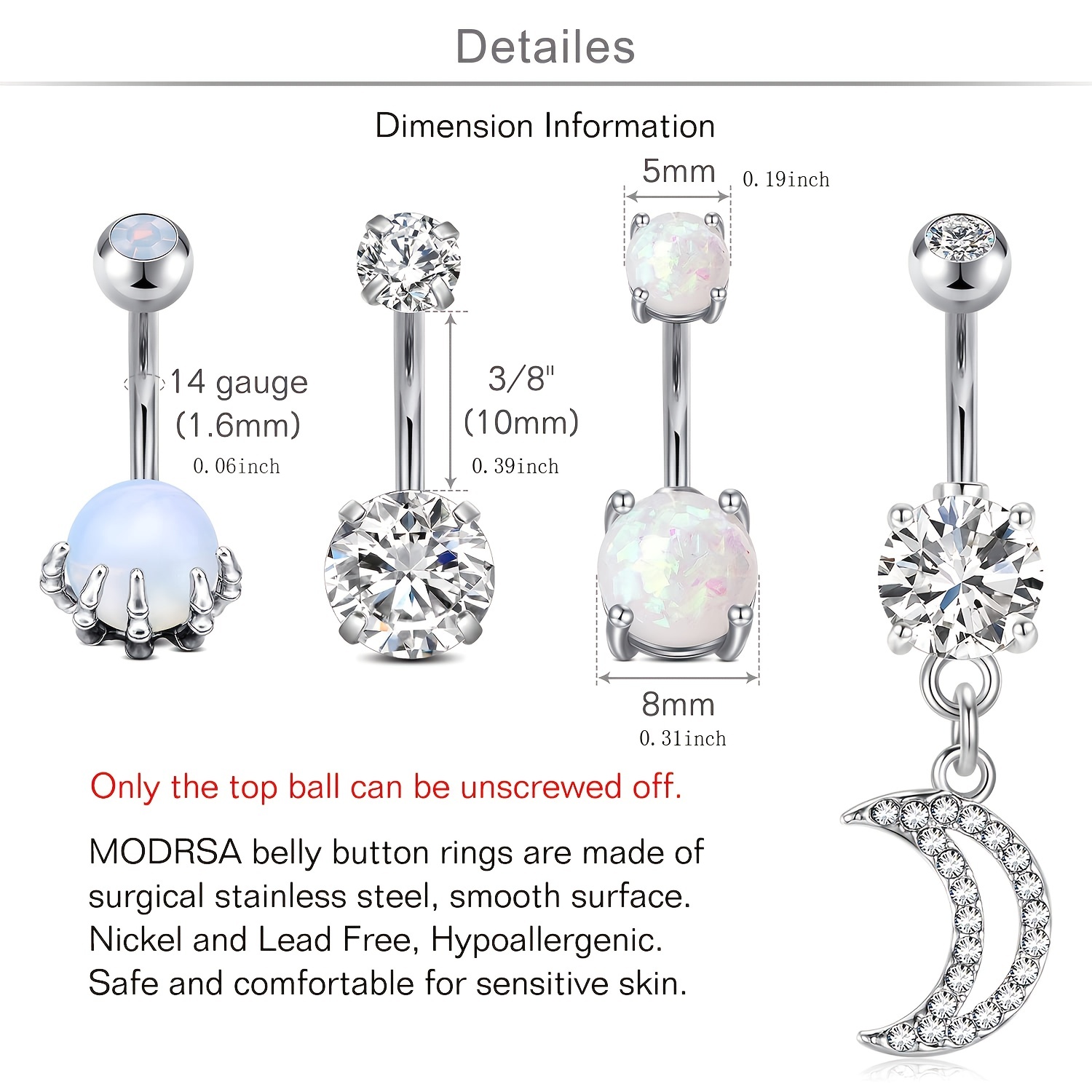 Unisex Titanium Steel Belly Button Ring Set, All Match