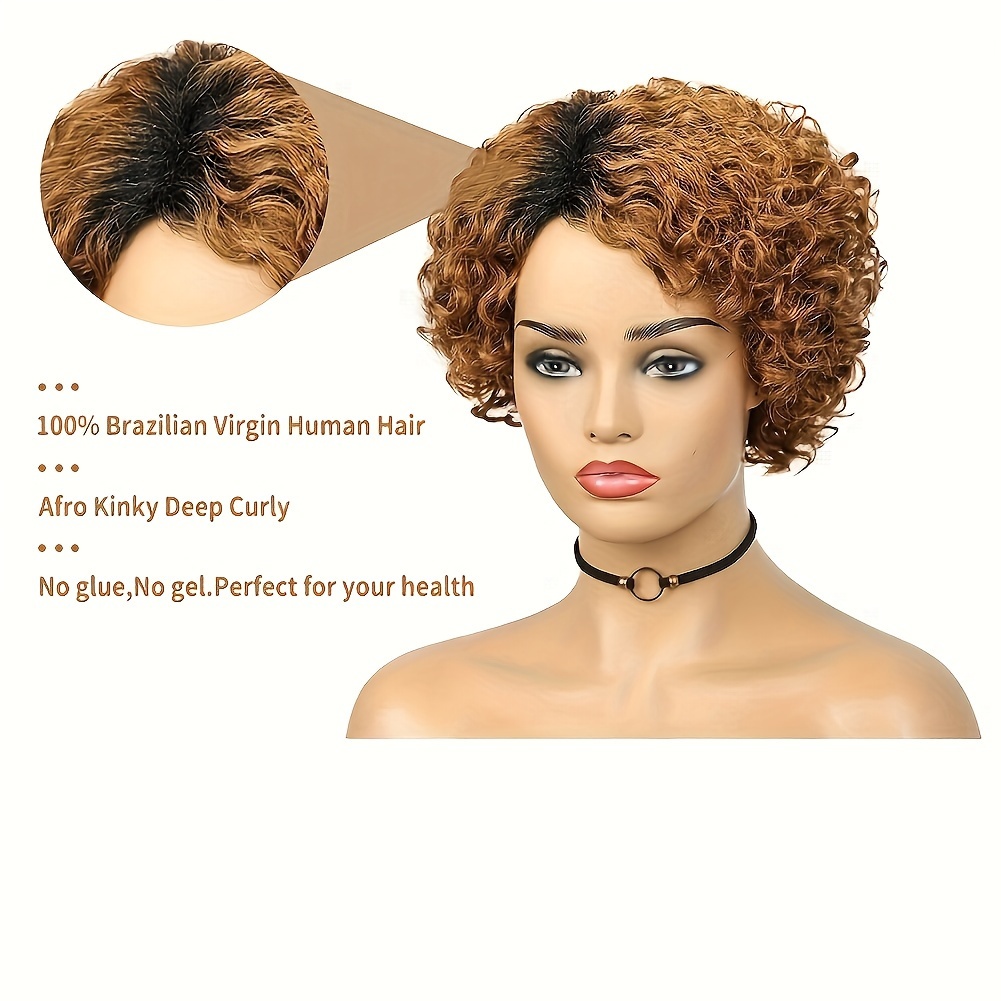 Brazilian Remy Human Hair Curly Wave Pixie Cut Wig Side Part