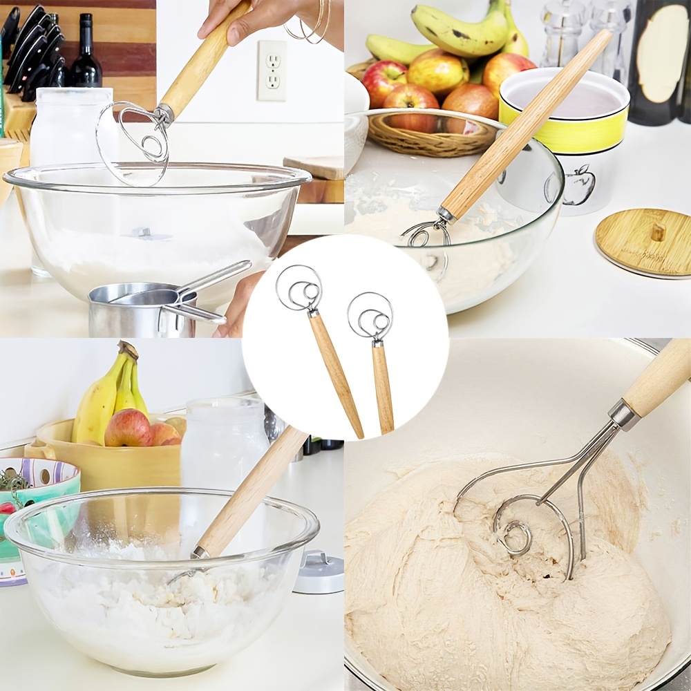 Kitchen 13 Inch Danish Dough Whisk - Large Wooden Danish Whisk For Dough  With Stainless Steel Ring 