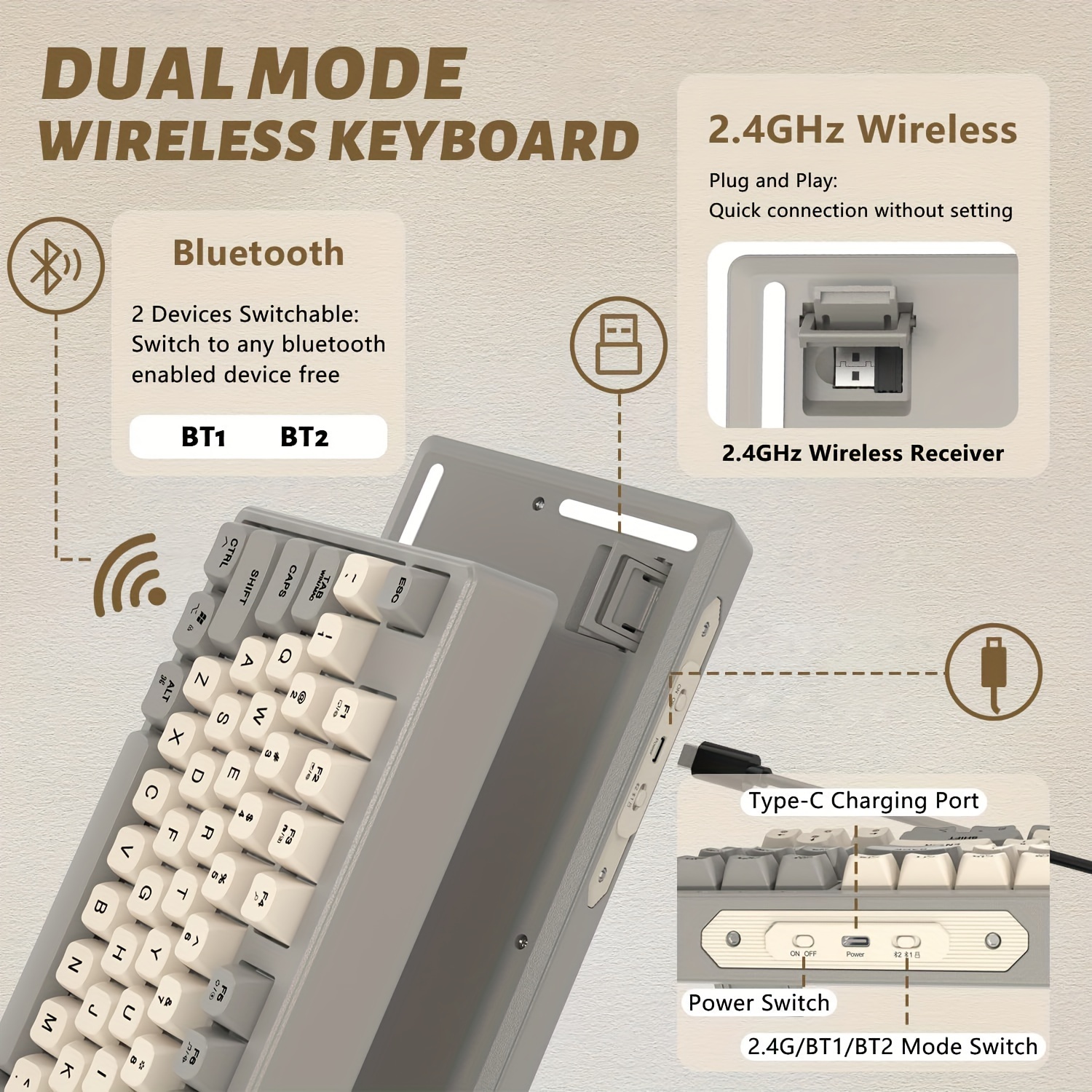 Clavier sans fil Bluetooth 2.4G + Double Bluetooth Rechargeable