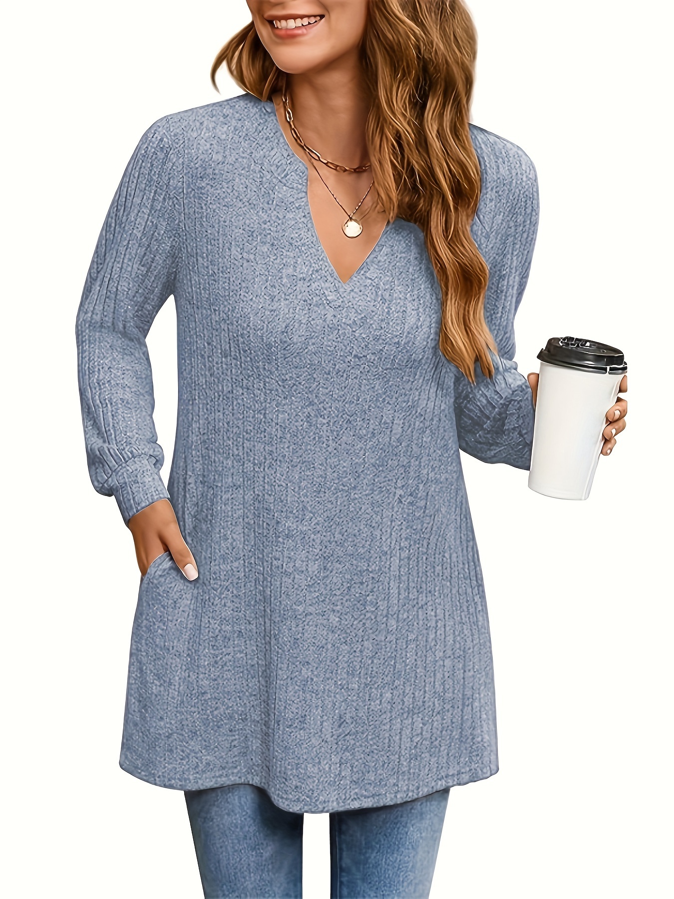 Solid Notched Neck Simple Tunics Versatile Long Sleeve Top - Temu