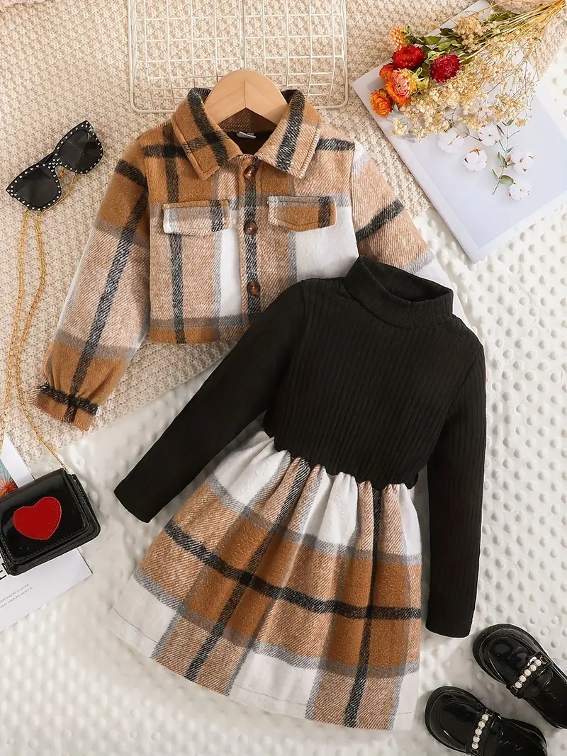Girl's Plaid Pattern Outfit Button Front Jacket Turtleneck - Temu