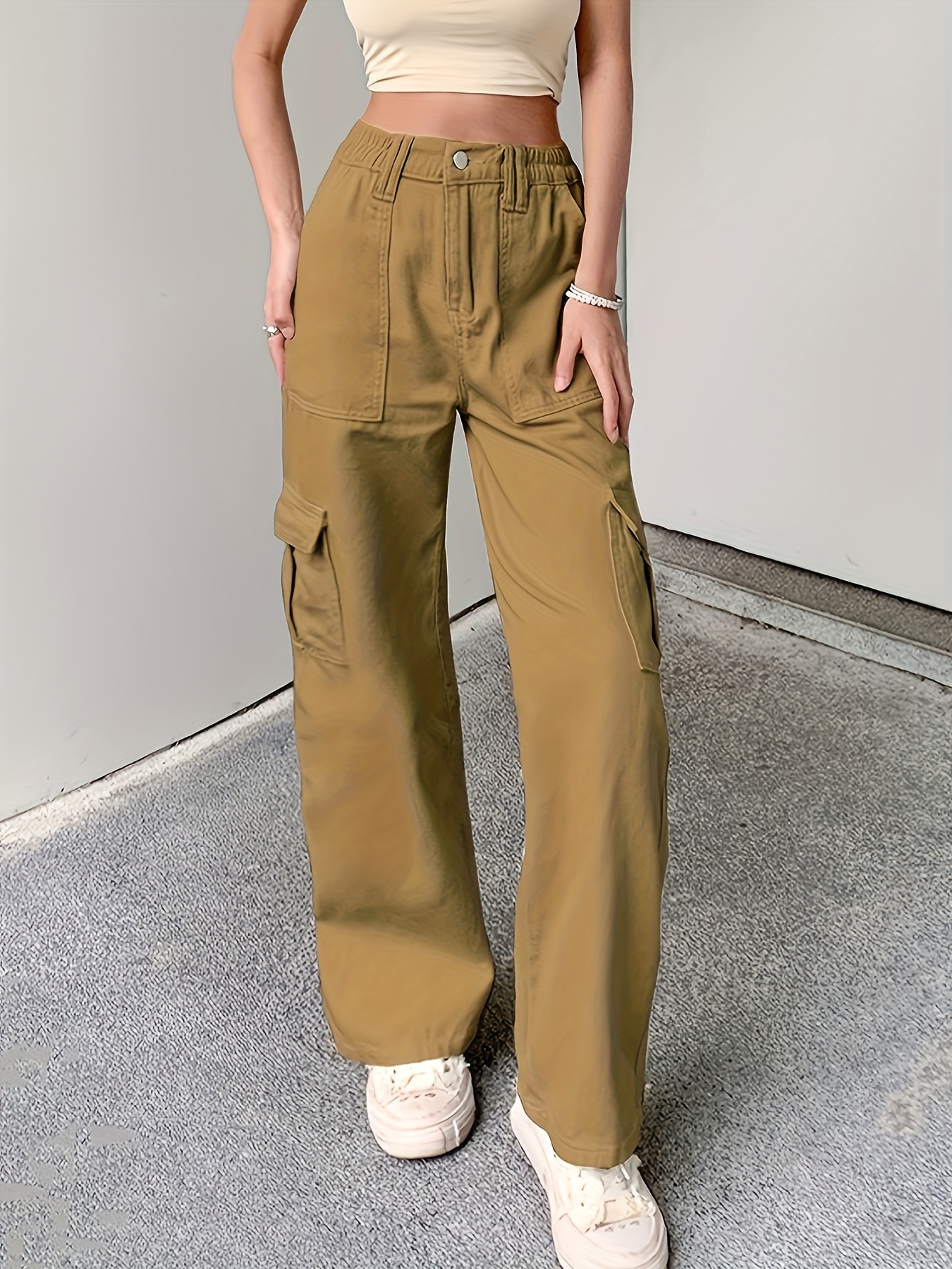 Loose Fit Cargo Pants Flap Pockets Non stretch Solid Color - Temu Canada