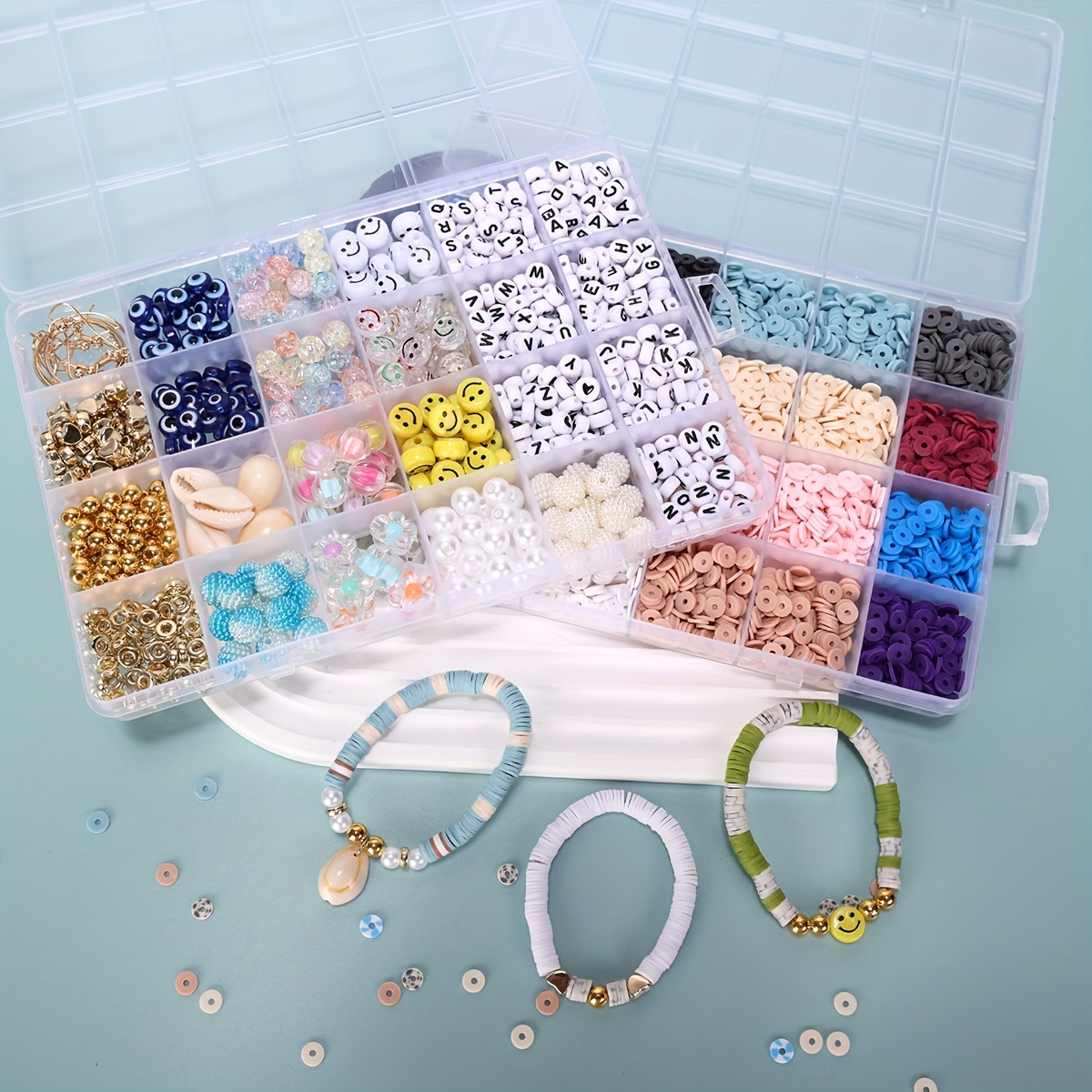 JOJANEAS 7200 Pcs Clay Beads for Bracelets Making Charm Bracelet Making Kit  Friendship Bracelet Kit 12 Color Evil Eye Beads Kit 24 Colors Flat Round