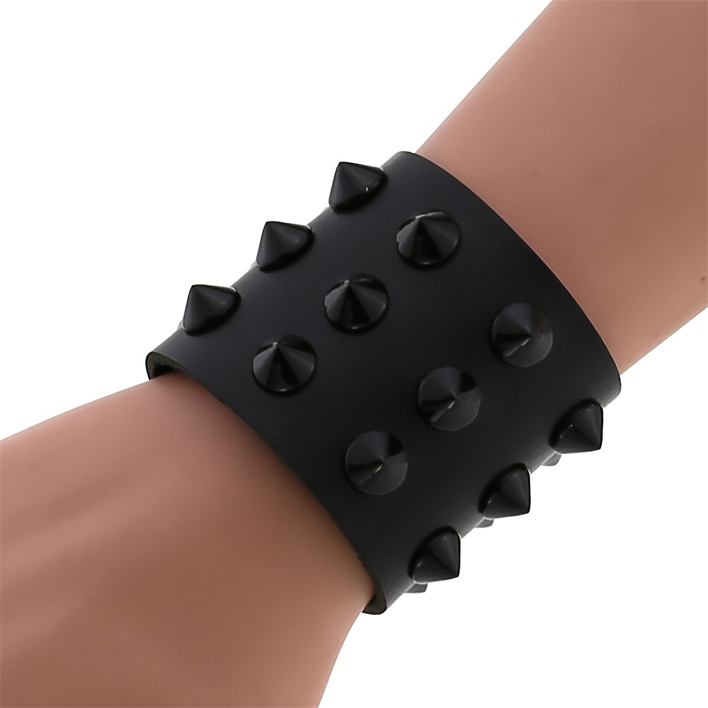 Pu Leather Spike Bracelet Punk Wide Snap Button Wrap - Temu