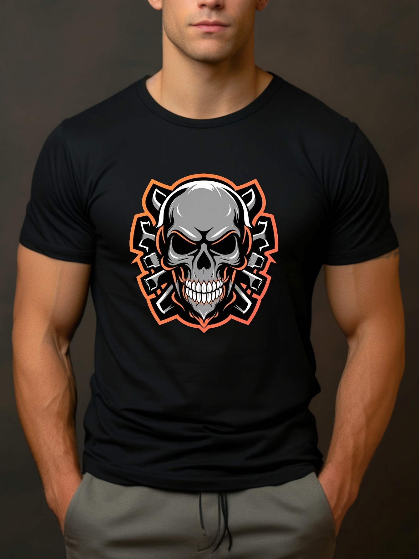 Cool Mechanical Skull Print T shirt Men Stylish Short Sleeve - Temu