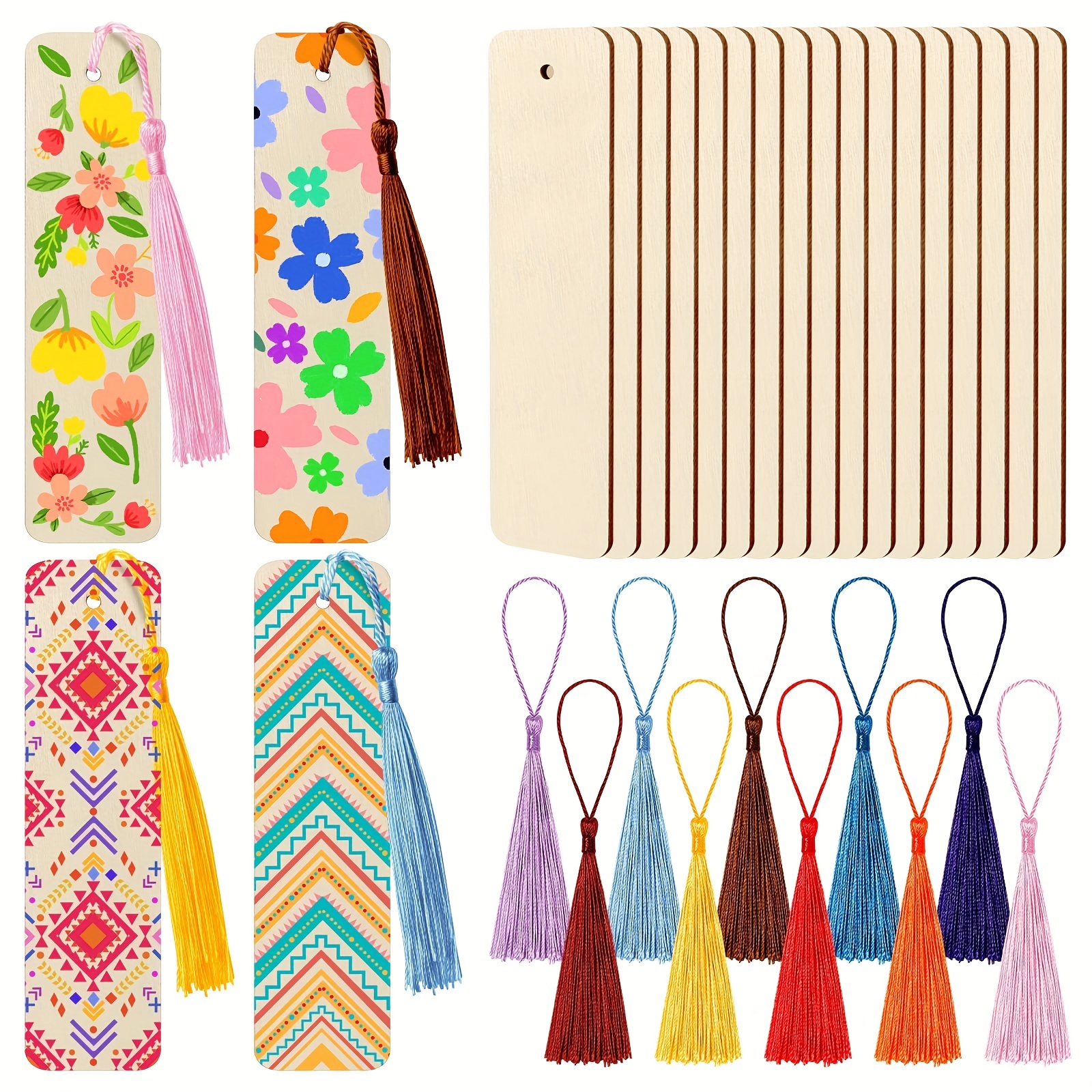 

40pcs/100pcs Wood Bookmark With Colorful Tassels, Wooden Bookmarks Ornament Hanging Tag With Holes For Diy Project Christmas