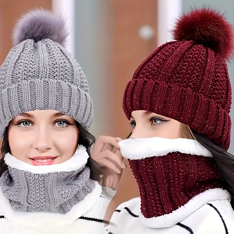 Chapeau chaud d'hiver pour femme, cache-nez, écharpe, bonnet tricoté en  laine, rembourré en velours