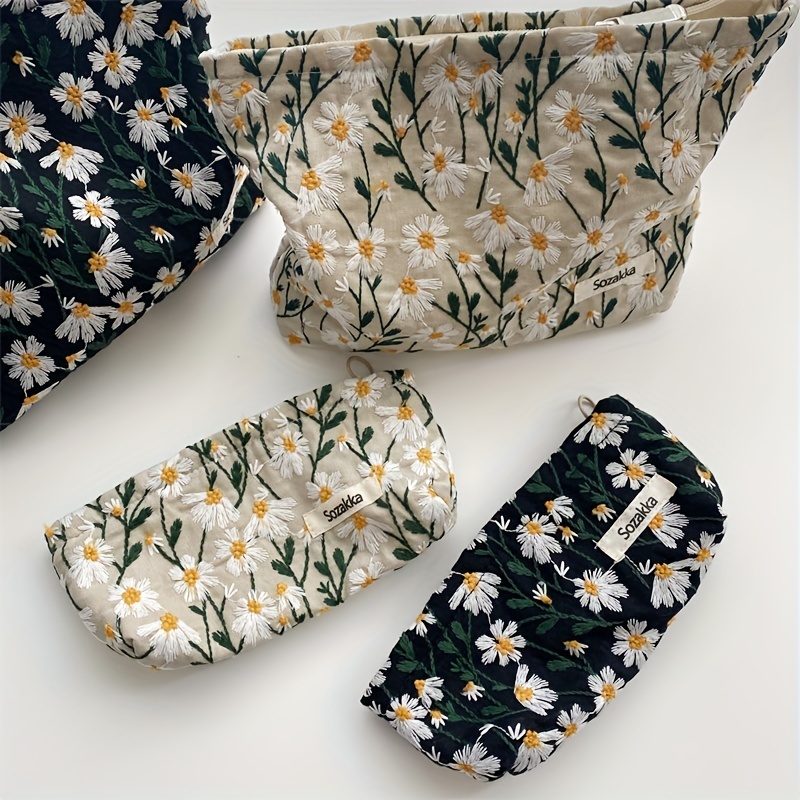 Roomy Flower Embroidered Makeup Bag with Zippered Closure - Perfect for  Travel and Organizing Makeup Brushes and Toiletries
