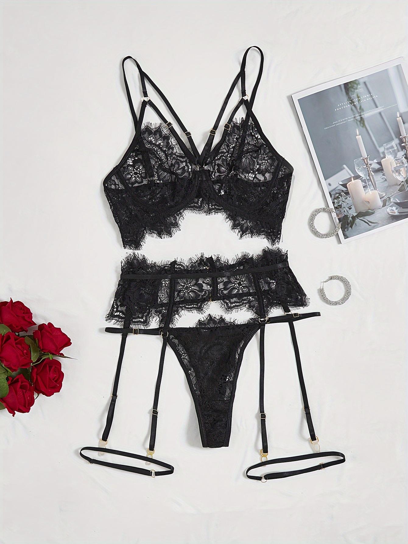 3 Pcs Seductive Floral Lace Lingerie Set With Hollow Out Bra, Garter Belt,  And G-String - Perfect For Women's Intimate Wear
