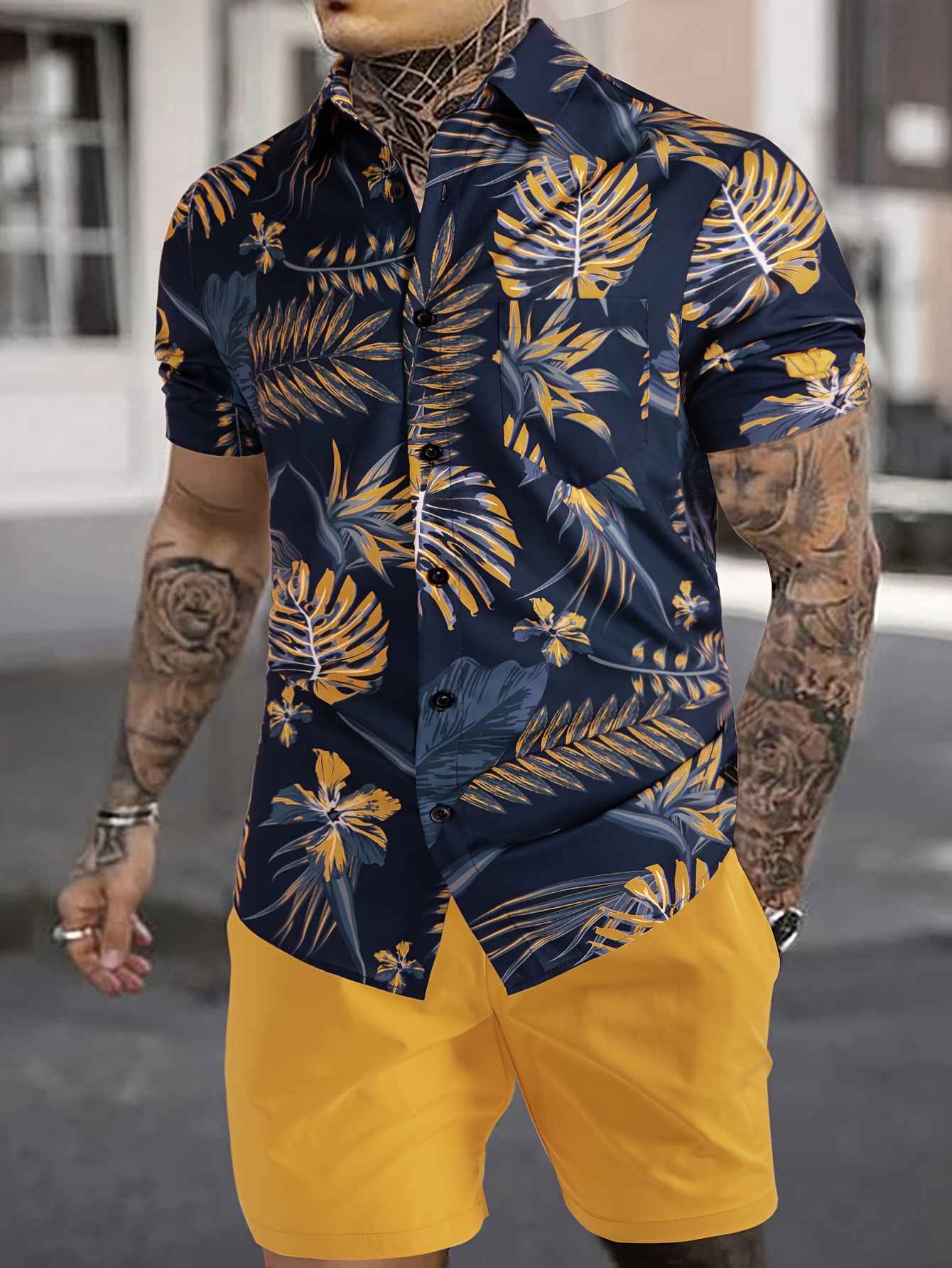 Men's Outfit Set Leaf Pattern Hawaiian Shirt Drawstring - Temu