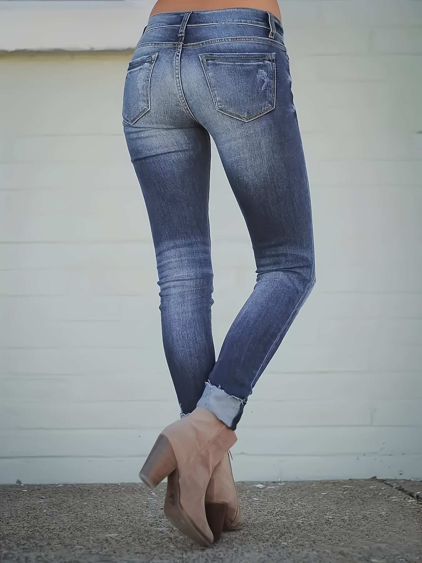 Ripped * Cut Hem Skinny Jeans, High Stretch Whiskering Stylish Denim Pants,  Women's Denim Jeans & Clothing