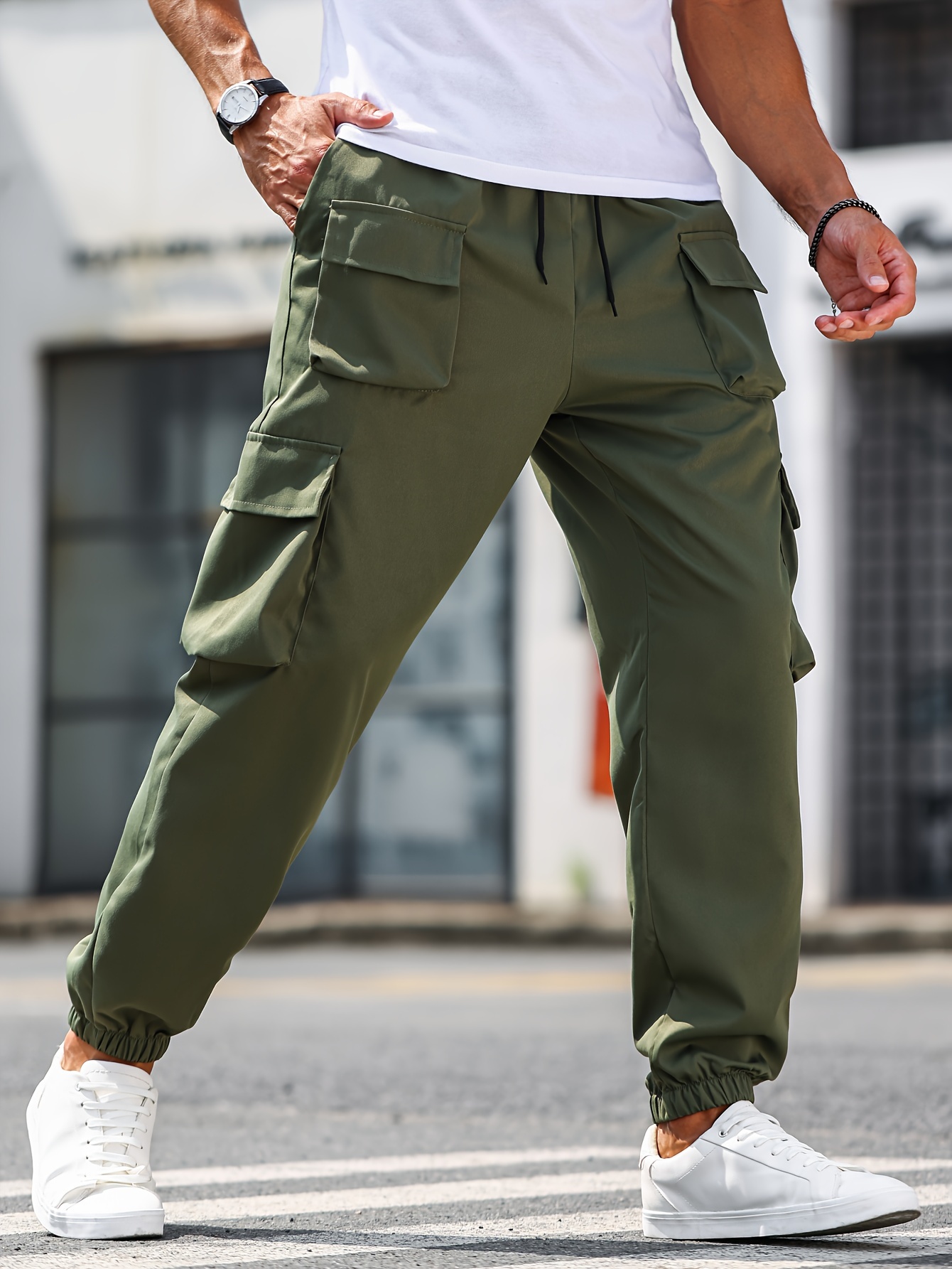 Trendy Solid Cropped Cargo Pants, Men's Multi Flap Pocket Trousers, Loose  Casual Outdoor Pants, Men's Work Pants Outdoors Streetwear Hip Hop Style