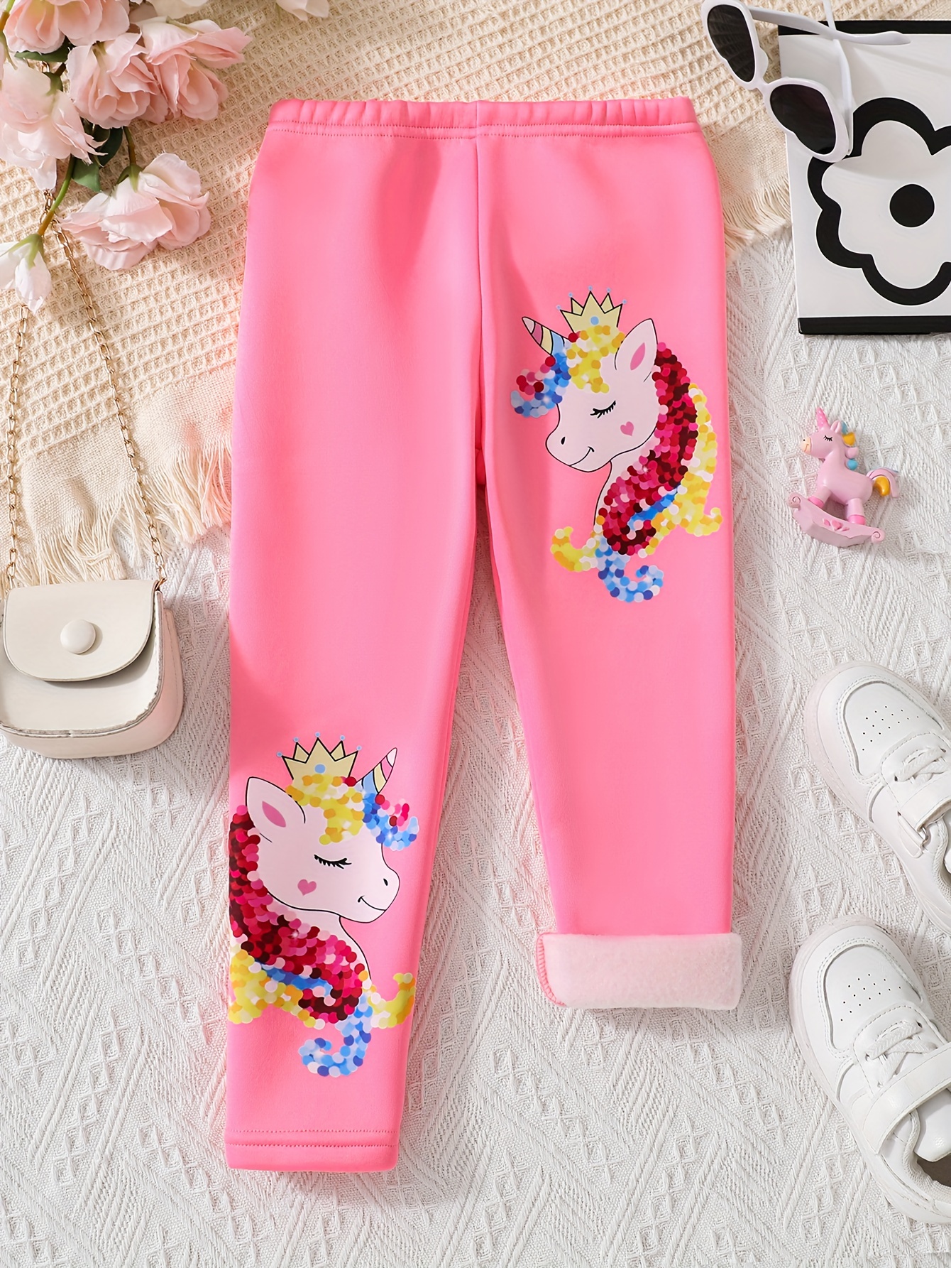 Girls Small Flower Embroidery Extra Thick Fleece Leggings - Temu Canada