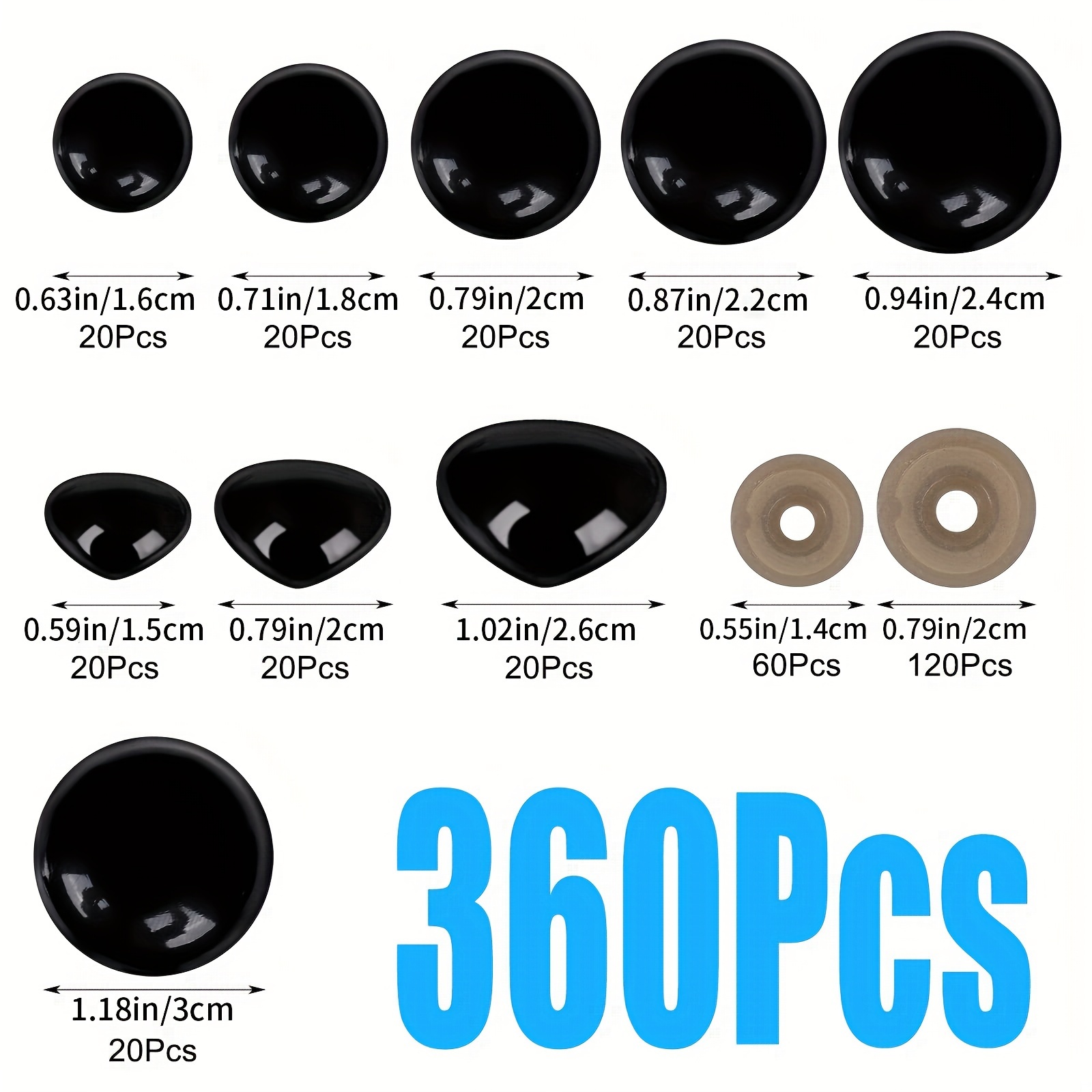 60Pcs Black Plastic Safety Eyes with Washers Craft Eyes for