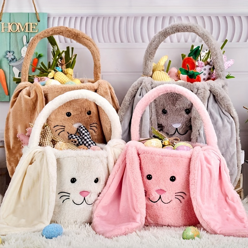 1pc easter plush long bunny ear basket with handle soft plush candy toys storage bucket cartoon cute easter bunny bucket easter eggs hunting handbag easter party celebrate decorations easter gift decoration