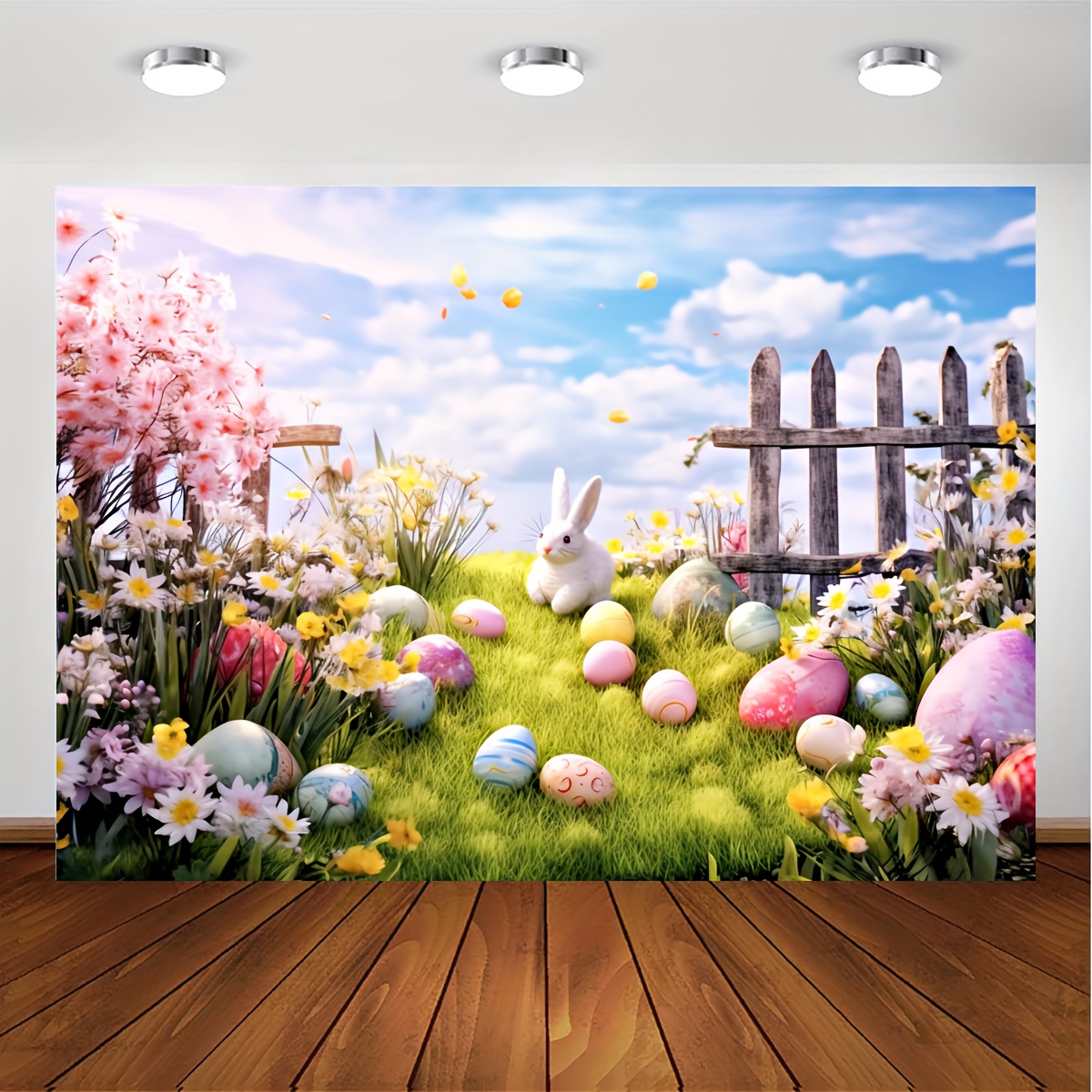 1pc spring easter polyester photography backdrop garden fence flower bunny colorful eggs party photo background tapestry green grass floral kids photo banner decorations kids photo booths studio props banner decorations