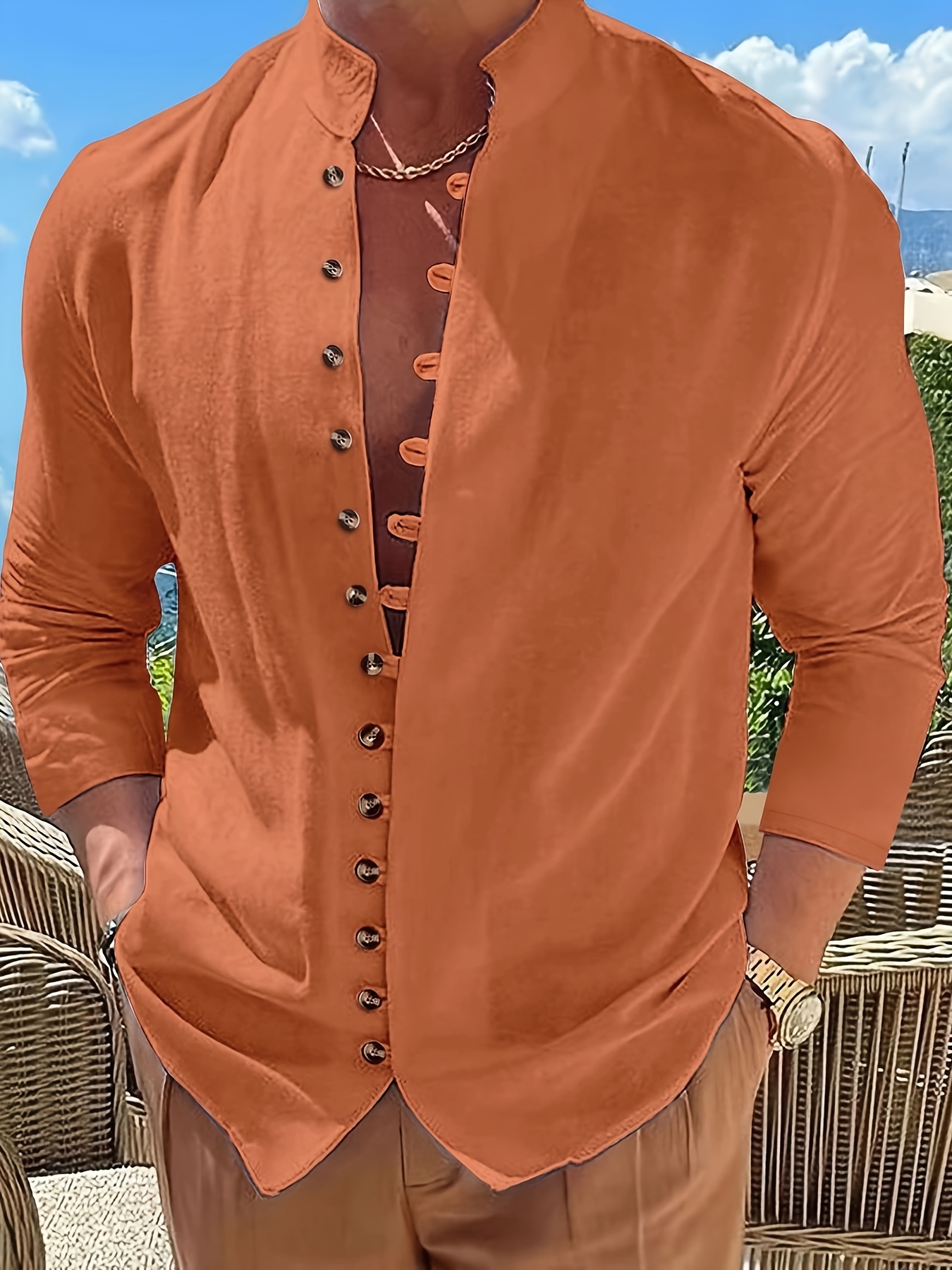 Orange button up long best sale sleeve shirt