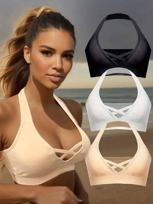 3 Pcs Solid Wireless Sports Bra, Comfy & Breathable Front Closure Push Up  Running Workout Tank Bra, Women's Lingerie & Underwear