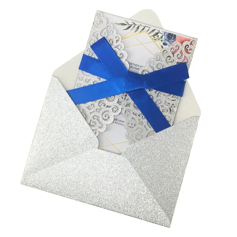10pcs, Silvery Laser Cut Wedding Invitation Blue Ribbons Blank With Glitter  Envelopes Card Invitations Para Quinceanera Bridal Shower Birthday Baby Sh