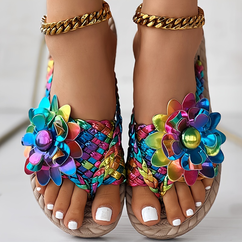 Women's Colorful Floral Decor Thong Sandals Slip Open Toe - Temu New Zealand