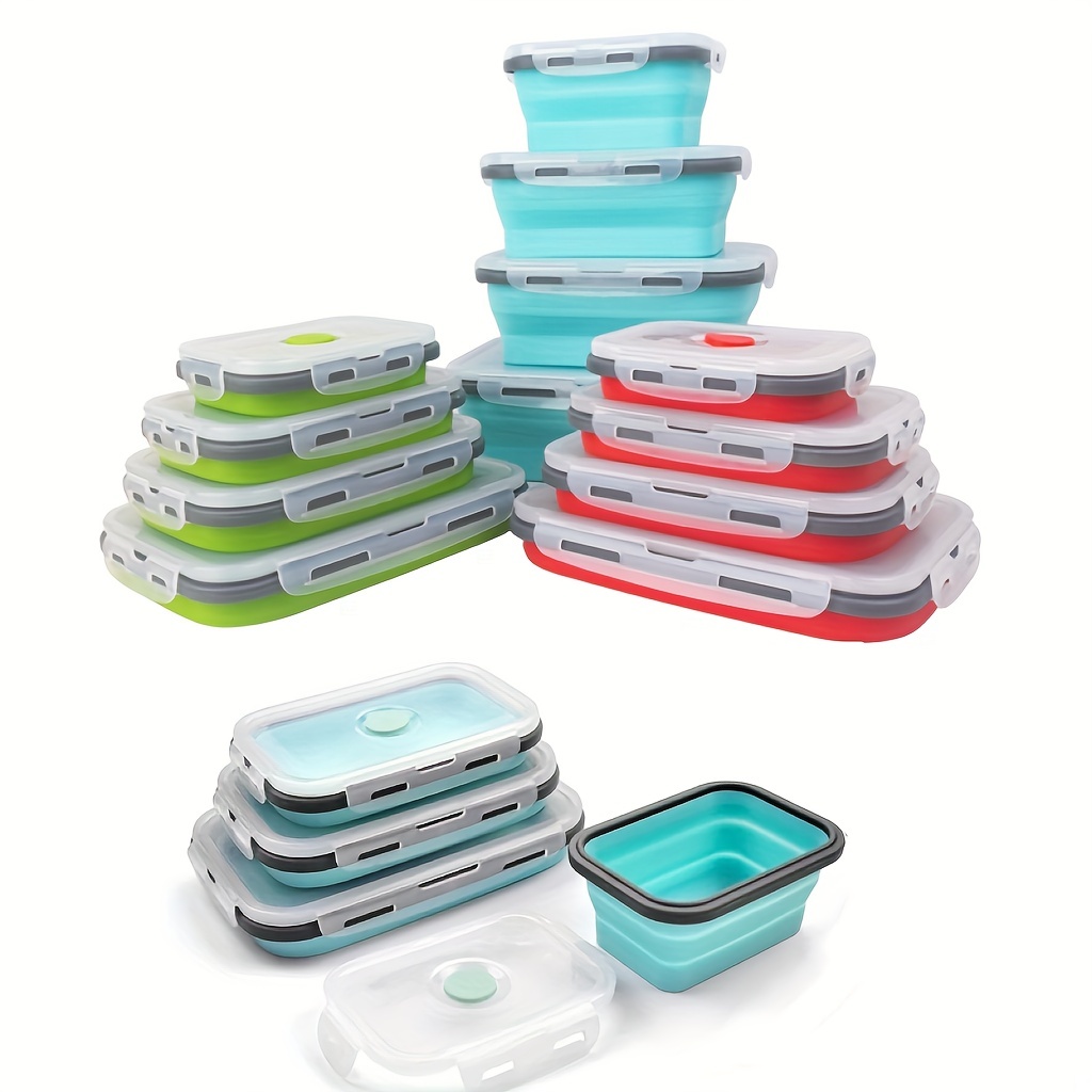 Collapsible silicone food storage containers w/BPA free airtight plastic  lids-Set of 4 small and large meal cereal prep container bowl kitchen  pantry