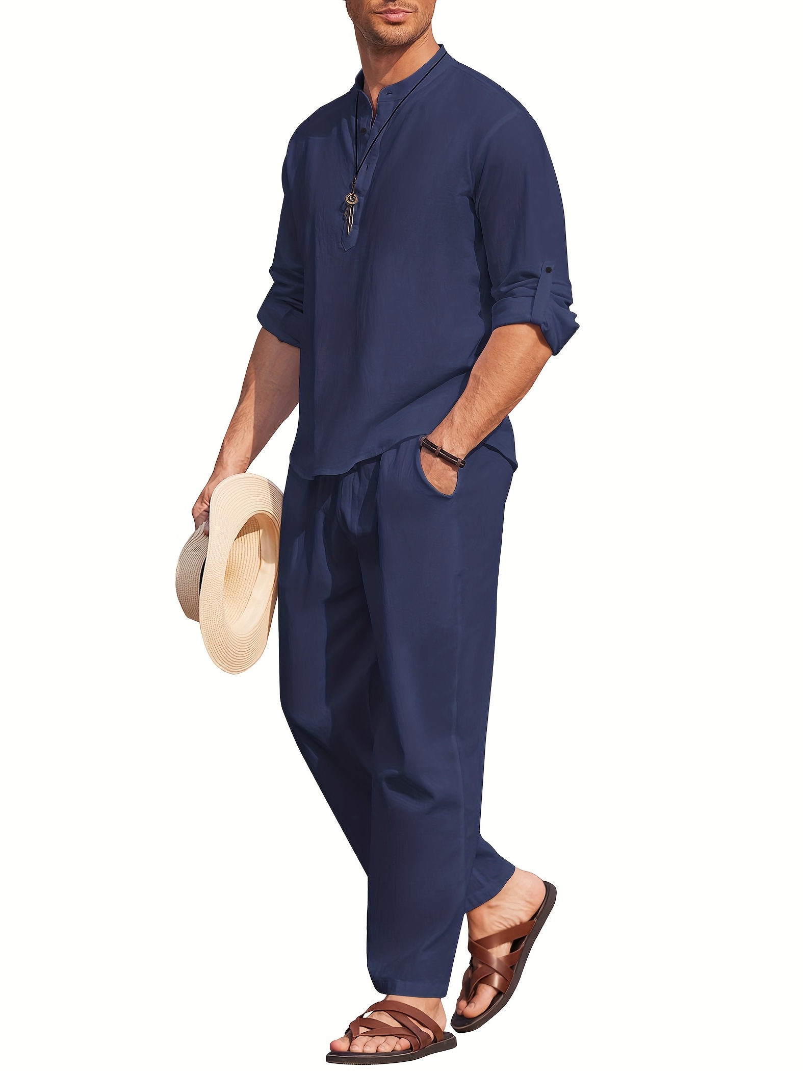 Navy Long Sleeve Shirt with Linen Pants Outfits For Men After 50 (3 ideas &  outfits)