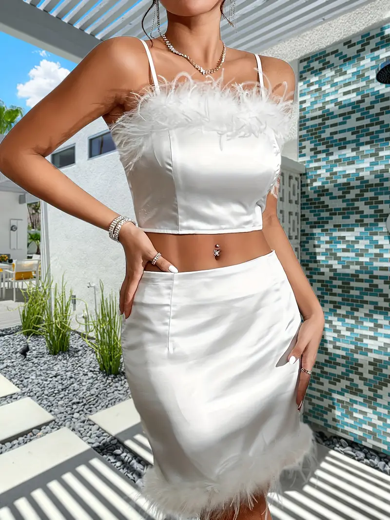 Solid Fluffy Two piece Set Sleeveless Cropped Cami Top Bag - Temu