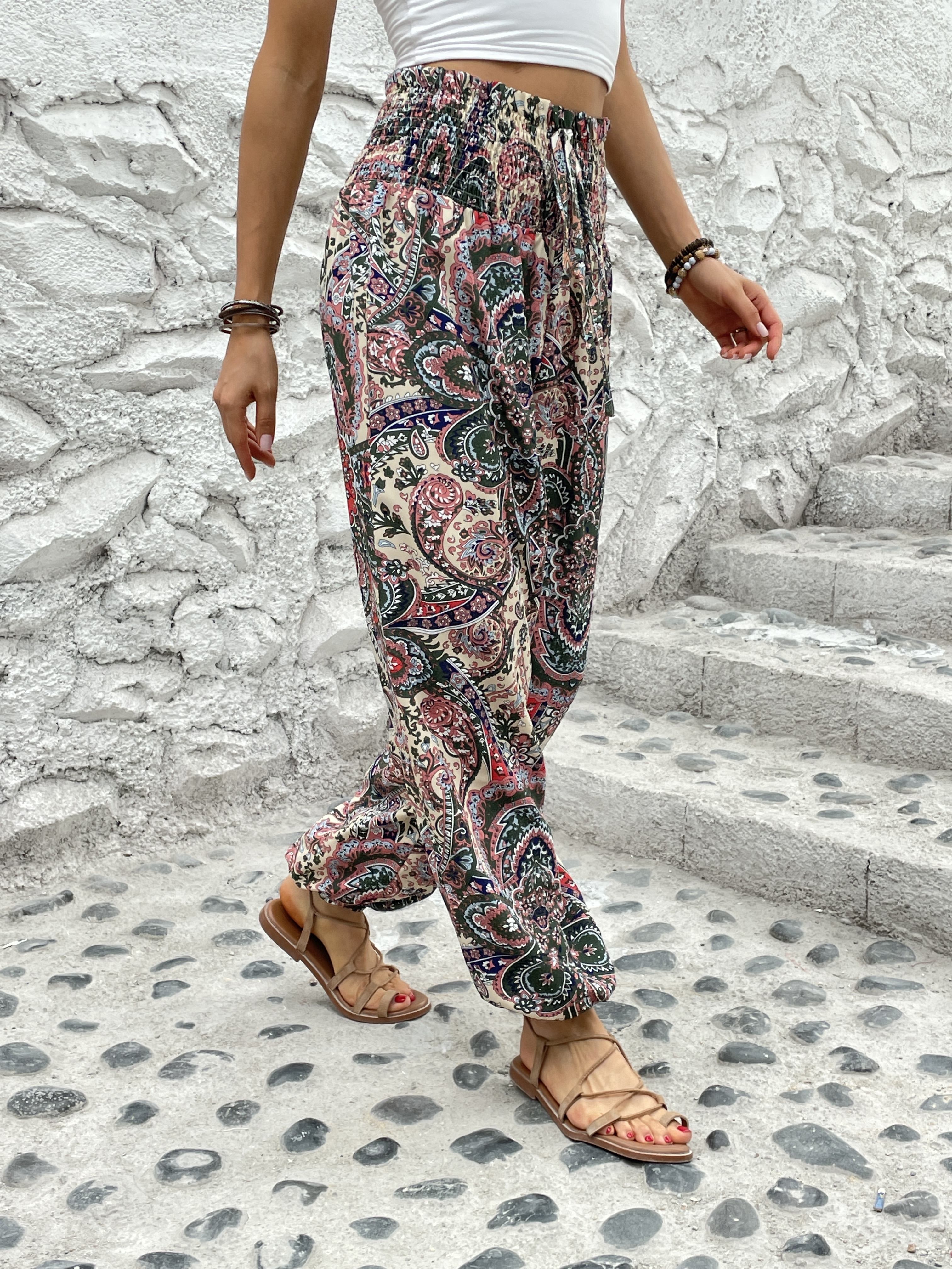 Paisley Print Smocked Waist Joggers, Boho Fitted Bottom Pants For Spring &  Summer, Women's Clothing