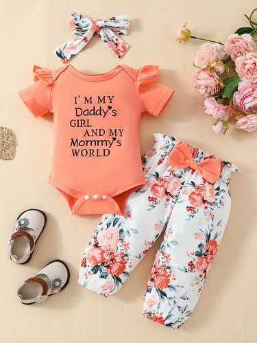 2pcs Baby Girls Letter Print Short Sleeve Triangle Romper + Big Bow Floral Print Trousers With Headscarf Three-piece Set