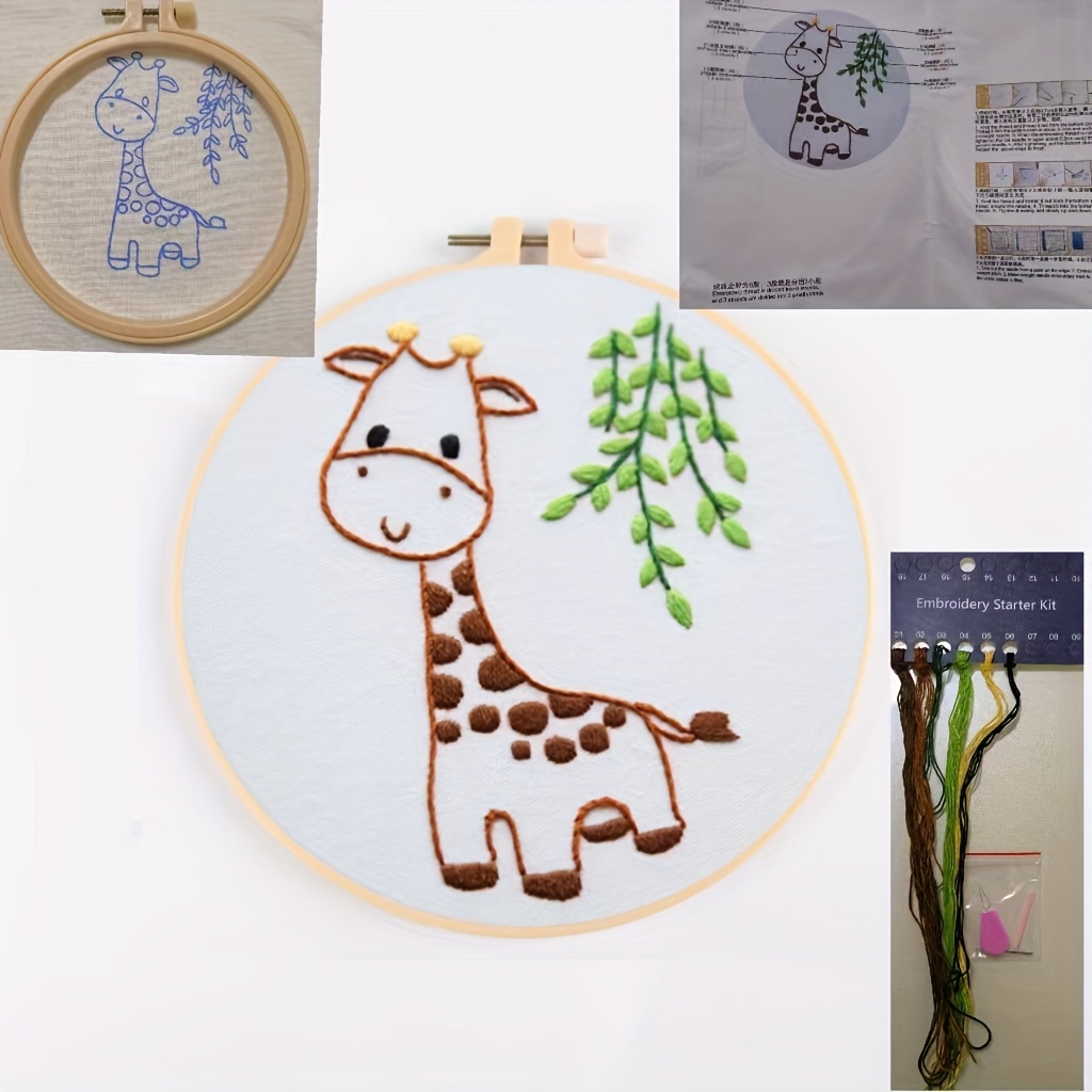  Ebherys Level 1 Hand Embroidery kit for Beginners, Starters,not  Cross Stitch, 2pcs Animal Patterns 2pcs Hoops Needlepoint kit DIY  Instructions (Giraffe and Rocket)