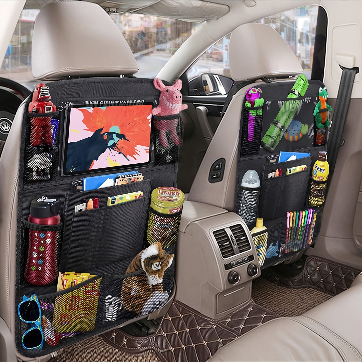 Car Seat Storage Bag - Multifunctional Storage Bag with IPad For Anti Kicking Seat