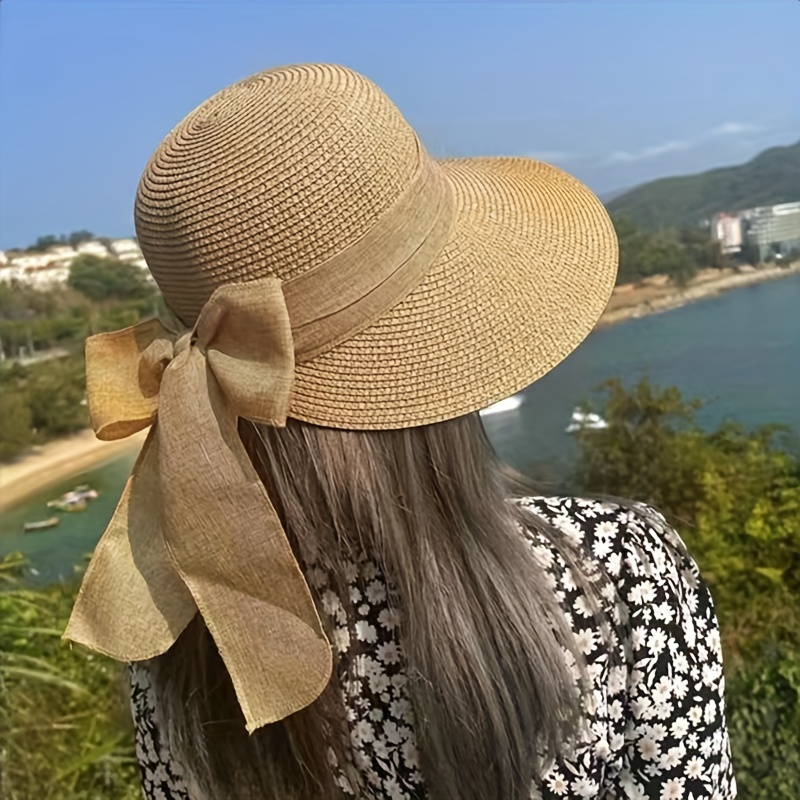 Women's Fashion Bow Design Straw Hat, Big Brimmed Beach Sun Protection Hat, Travel Hat,Temu